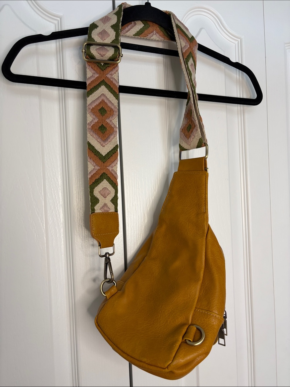 Modern + Chic Boho Crossbody Bag Embroidered Strap Tan Faux Leather - Picture 6 of 8